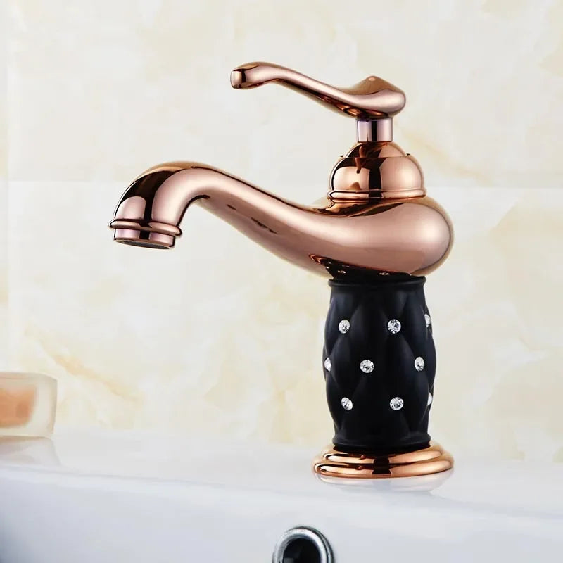 Afralia™ Gold Brass Basin Faucet with Diamond, Single Handle Hot Cold Mixer Tap
