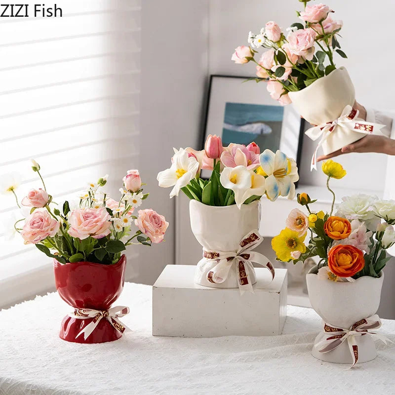 Afralia™ Lovely Ribbon Ceramic Vase Set for Cute Room Aesthetic Decor