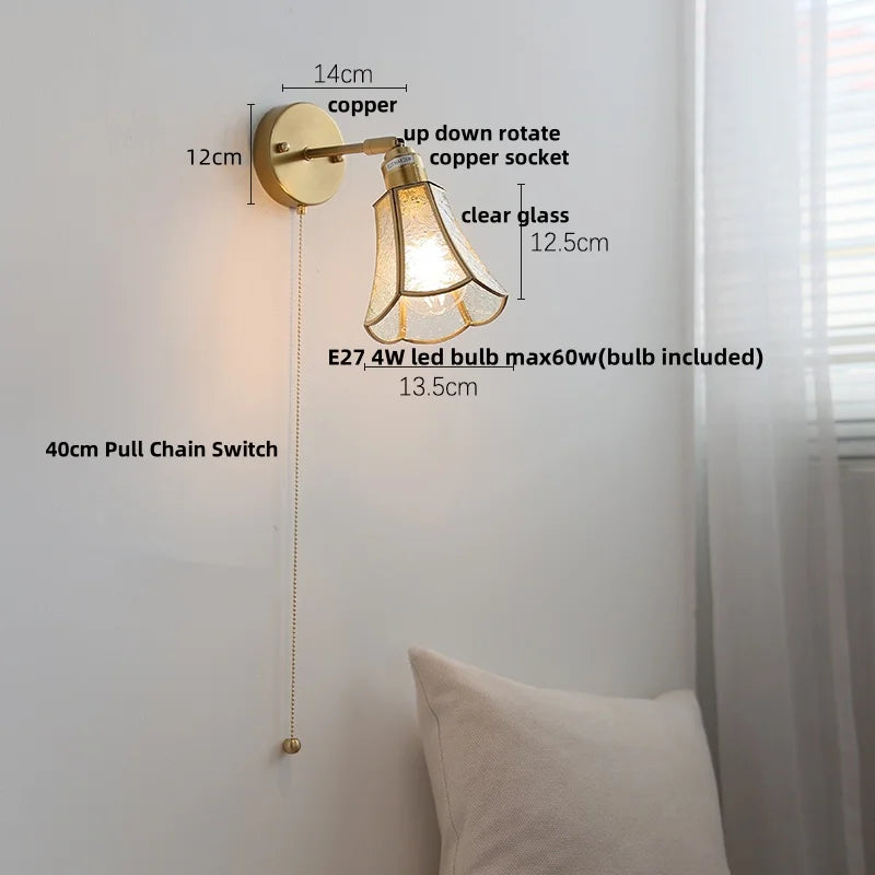 Afralia™ Copper LED Wall Lights Clear Glass Switch Bedside Lamp Nordic Modern