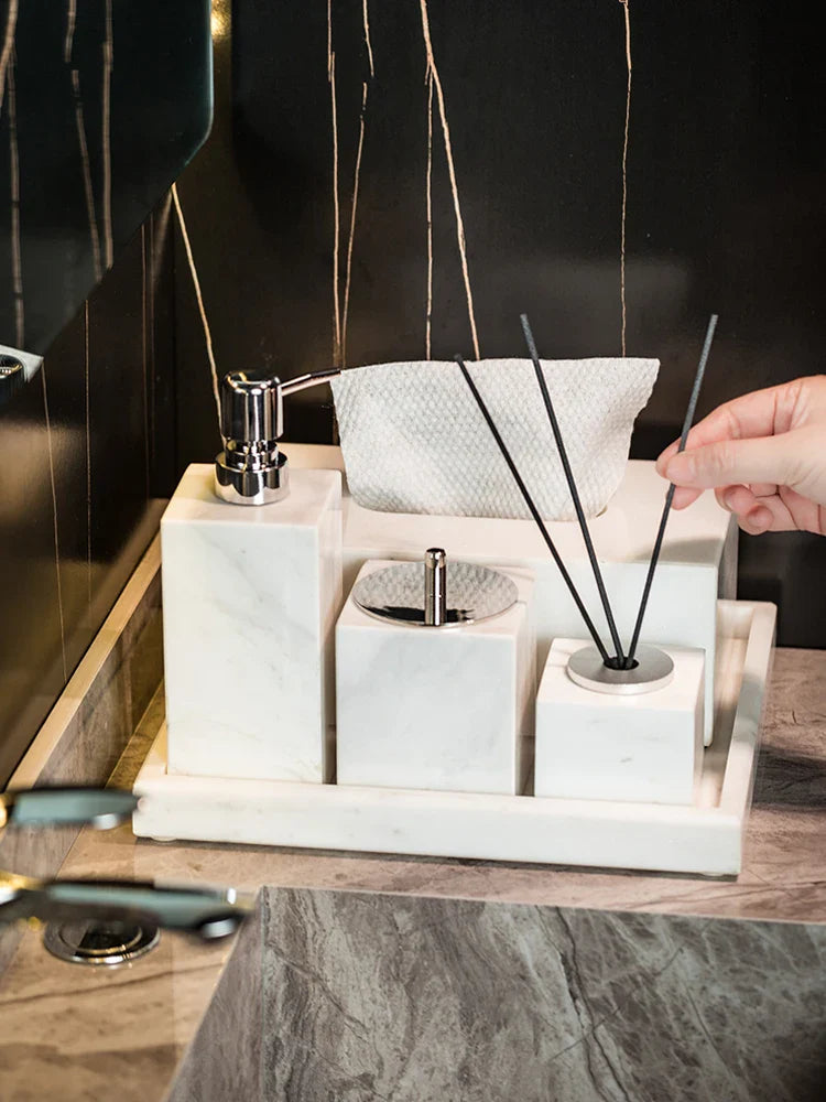 Afralia™ Volakas White Marble Bathroom Set - Soap Dispenser, Tissue Box, Tray