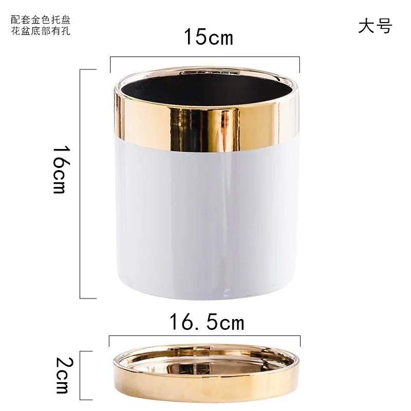 Afralia™ Luxury Emerald Ceramic Flowerpot with Gilded Border for Home and Office Decor