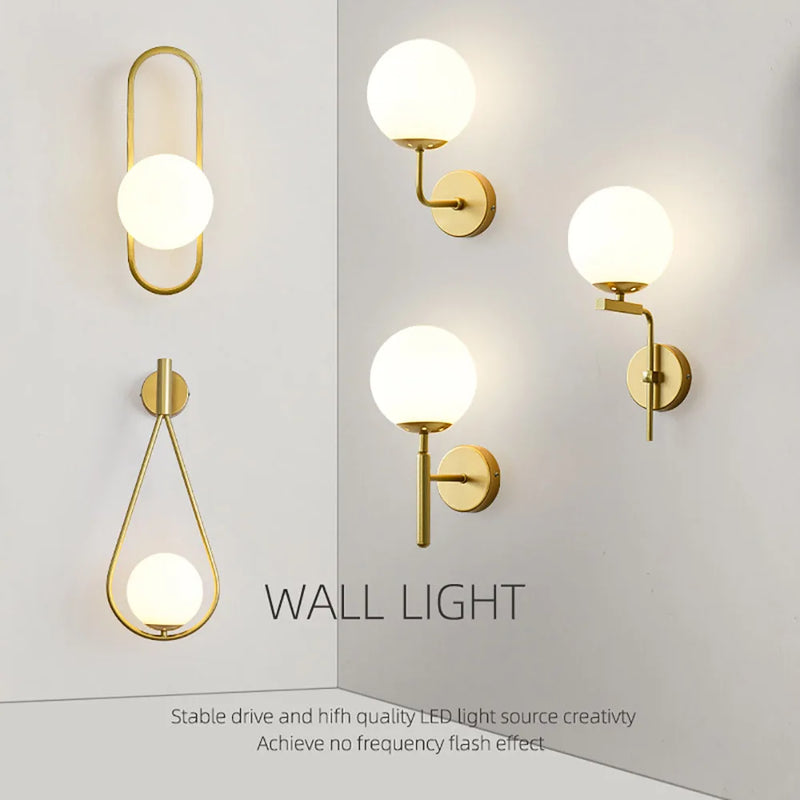 Afralia™ Glass Shade Gold Wall Lamp Bedroom Bedside Spherical Aisle Light