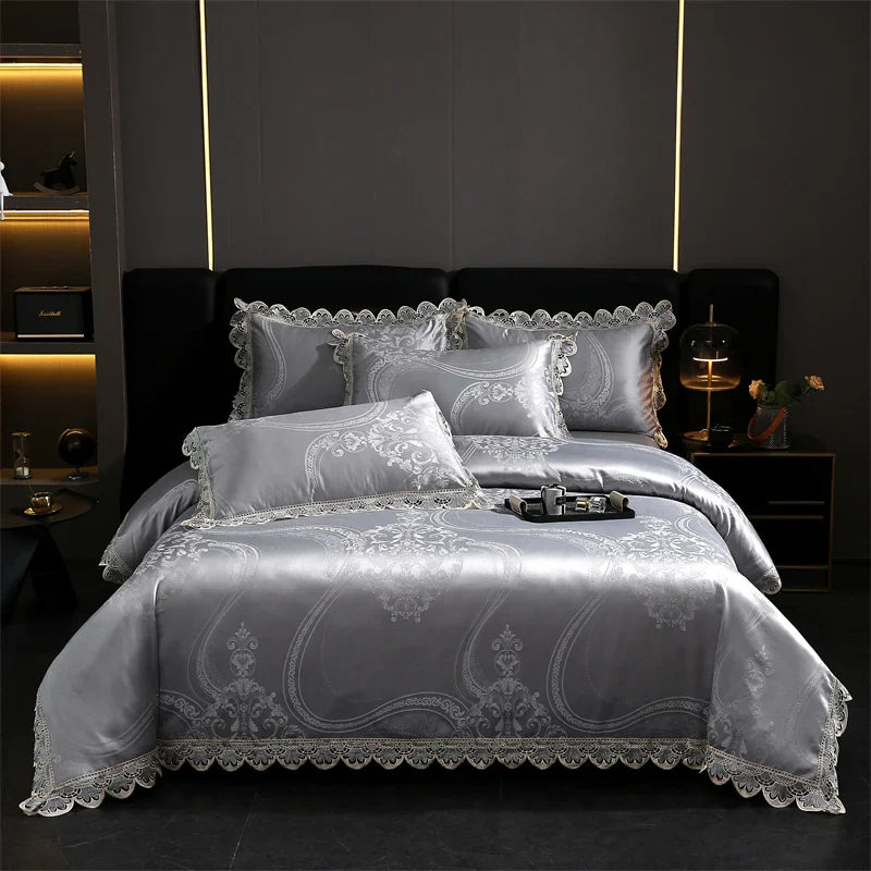 Afralia™ Golden Jacquard Cotton Lace Bedding Set - Silky Soft Duvet Cover, Flat Sheet, Pillowcase