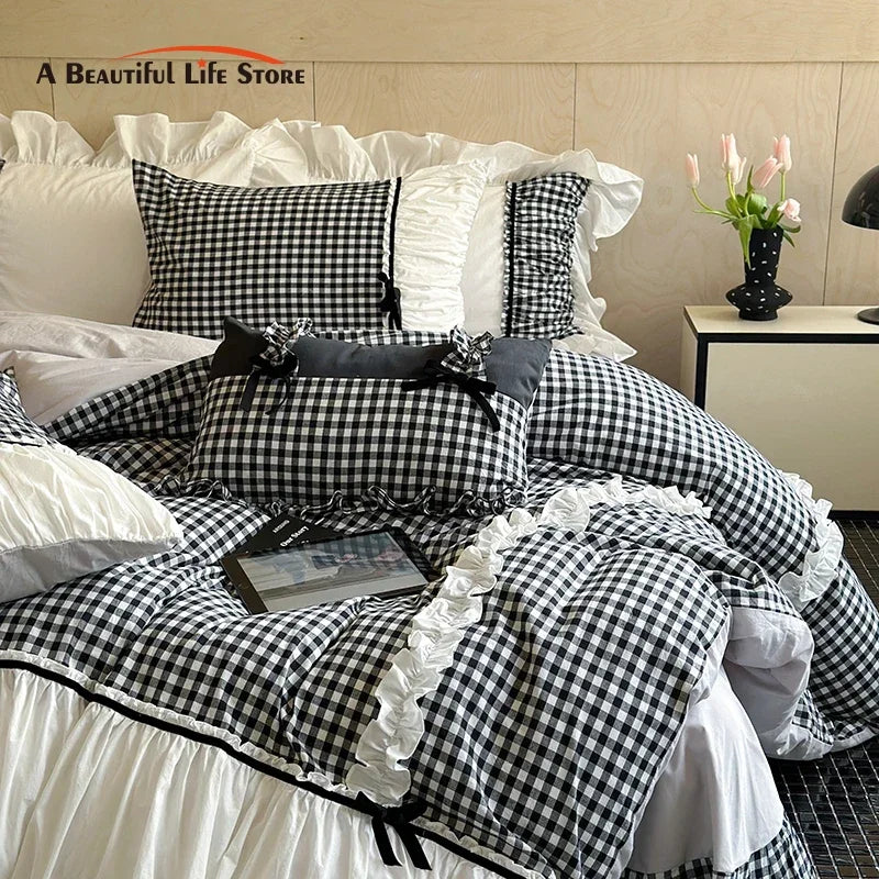 Afralia™ Checkered Ruffle Pleat Bedding Set with Bow Decoration