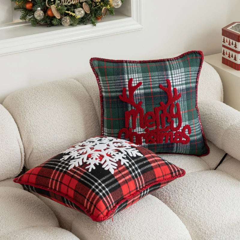 Afralia™ Plaid Christmas Embroidery Cushion Cover - Festive Home Decor