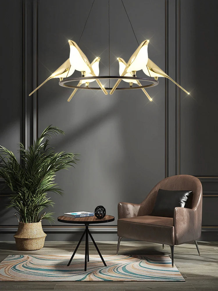 Afralia™ Modern Bird Living Room Chandelier LED Lighting 6-Light Creative Bedroom Pendant