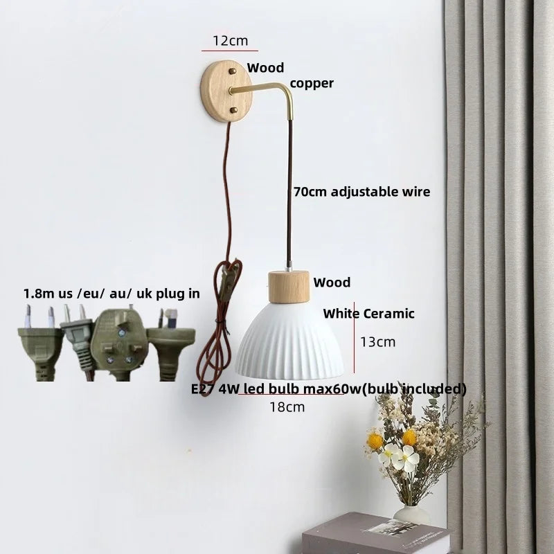 Afralia™ Ceramic Wood Wall Sconce LED Light with Pull Chain Switch - Modern Nordic Style