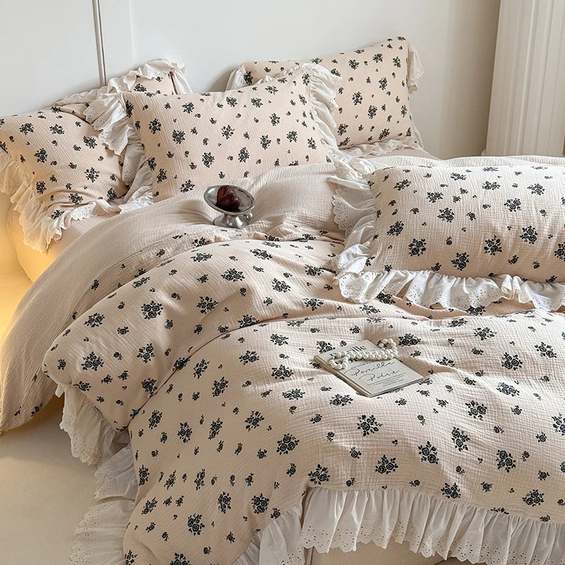 Afralia™ French Lace Ruffles Floral 100% Cotton Bedding Set with Duvet Cover, Sheet, Pillowcases