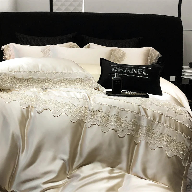 Afralia™ Lace Patchwork Silk Cotton Luxury Bedding Set Queen King Size