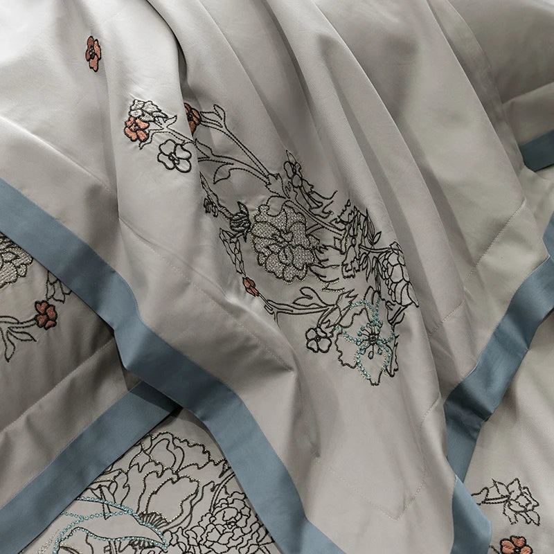 Afralia™ Cotton Flowers Horse Embroidery Luxury Bedding Set - Duvet Cover, Bed Sheet, Pillowcases