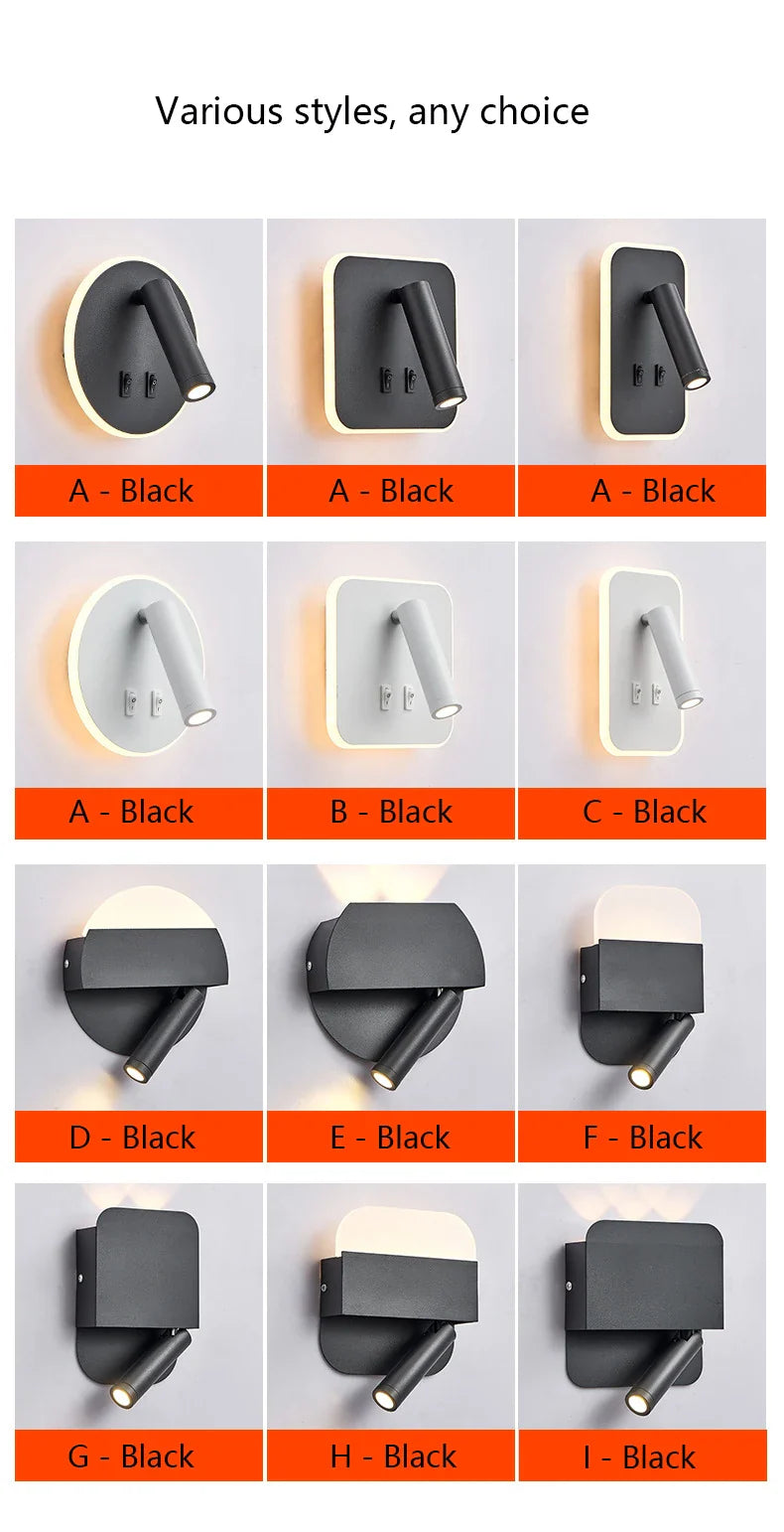 Afralia™ LED Wall Lamp USB Charging Bedroom Hotel Bedside Reading Sconce Switch