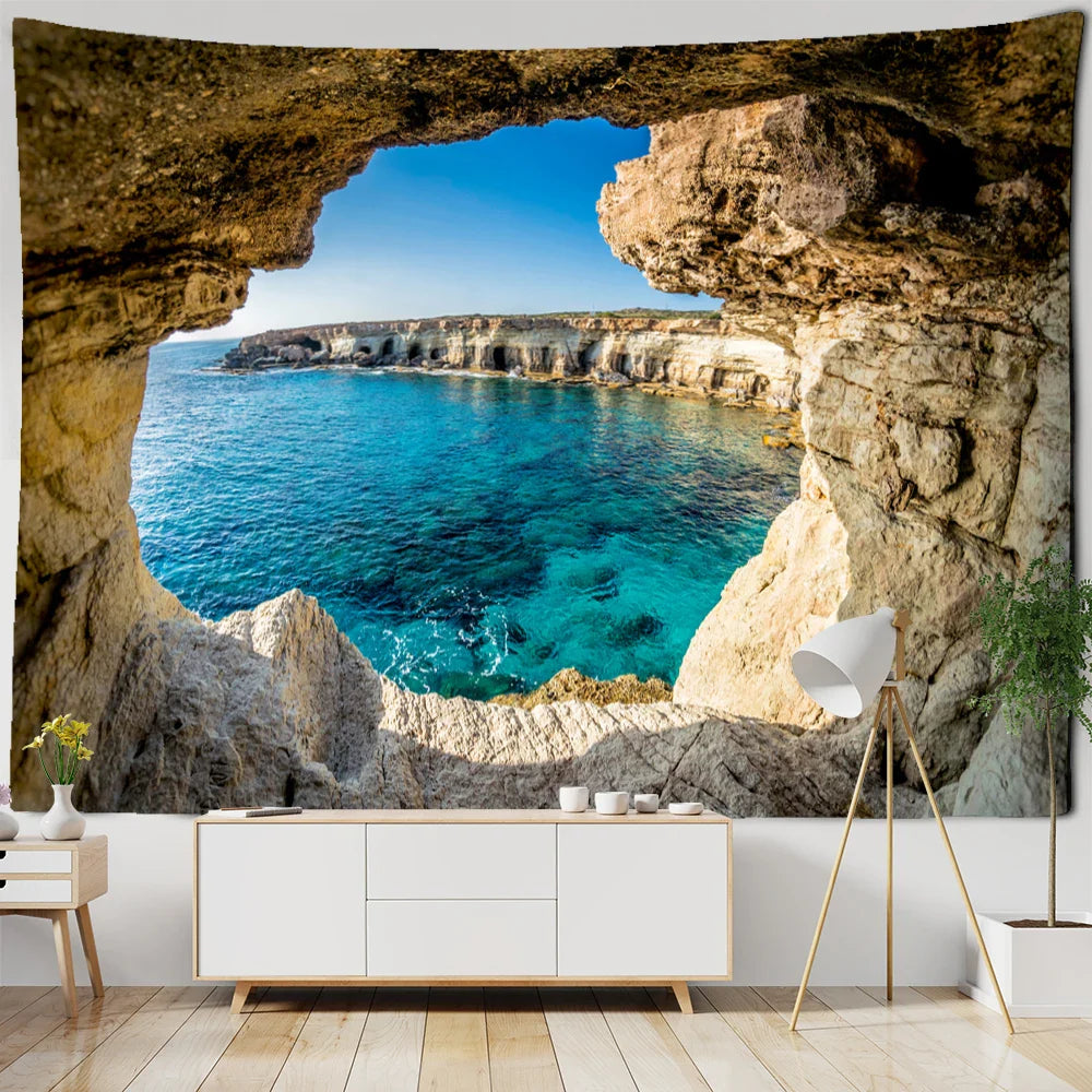 Afralia™ Coastal Cave Tapestry Wall Hanging - Boho Seaside Landscape Room Decor