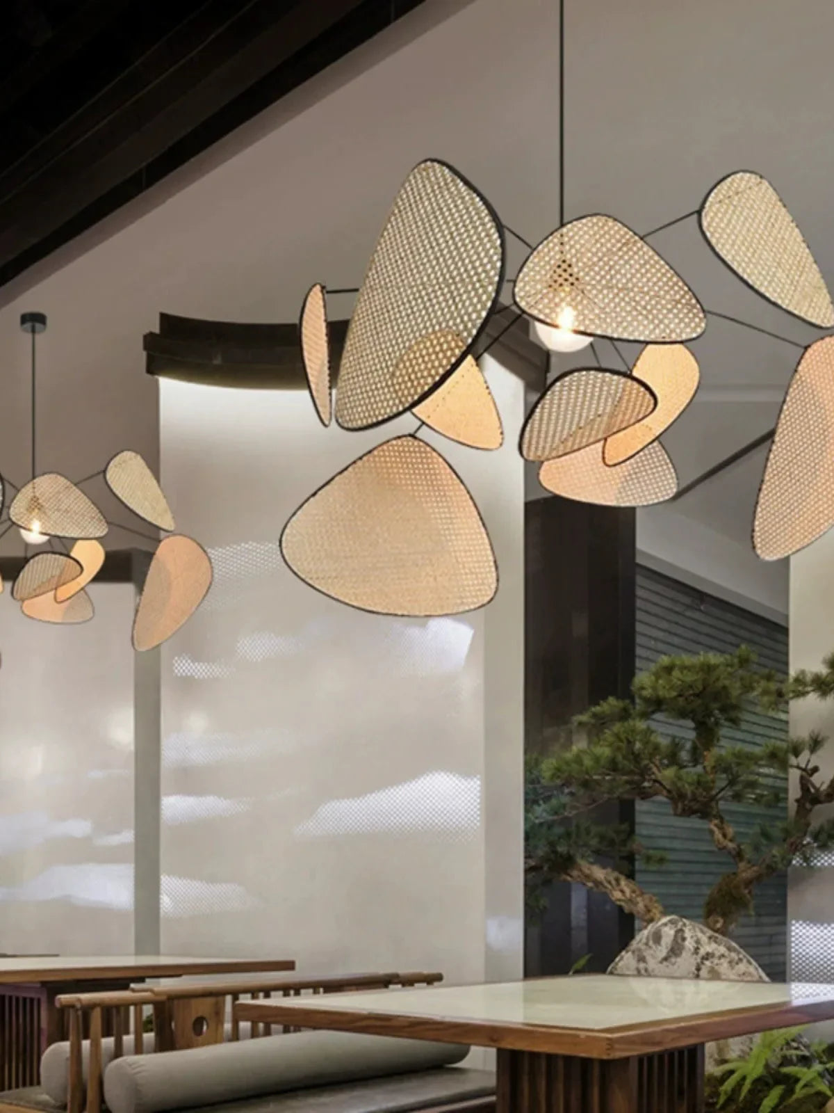 Afralia™ Leaf Grid Handmade Rattan Screen Chandelier for Modern Living Room and Bedroom