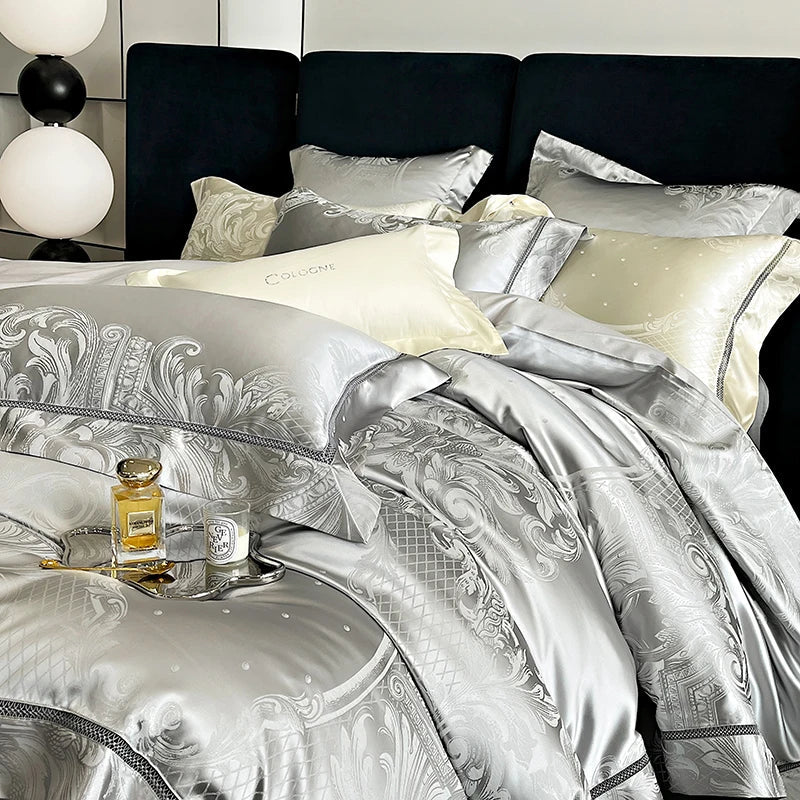 Afralia™ Brocade Satin Jacquard Egyptian Cotton Bedding Set, Luxury Silky Duvet Cover, Bed Sheet, Pillowcase