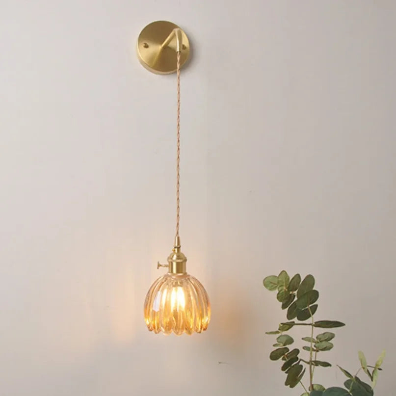Afralia™ Retro Flower Glass Copper Pendant Lamp: Nordic LED Light for Bedroom Decor