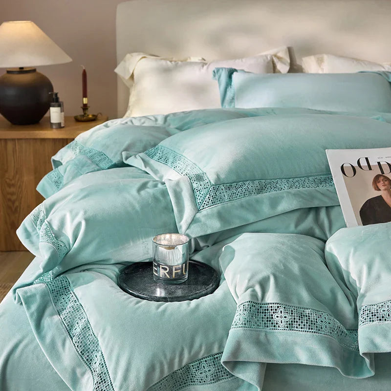 Luxury Gold Velvet Lace Duvet Bedding Set by Afralia™, Cozy Furry Winter Collection