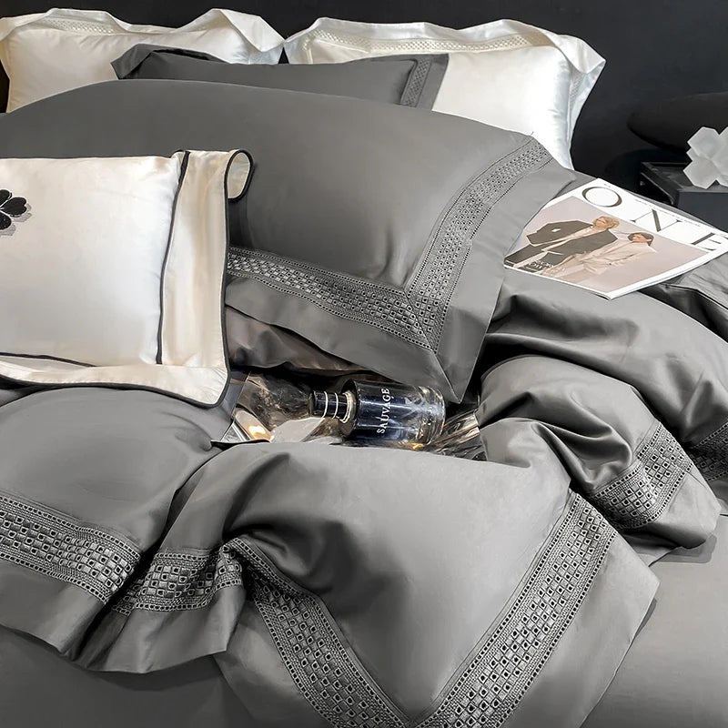 Afralia™ Luxury Hollow Edge Egyptian Cotton Bedding Set, White/Grey/Pink/Blue, 4-Piece