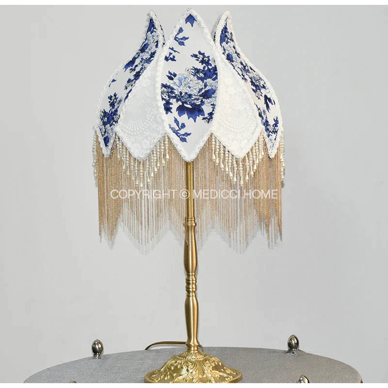 Afralia™ Blue & White Porcelain Floral Lampshade with Pearl Tassel