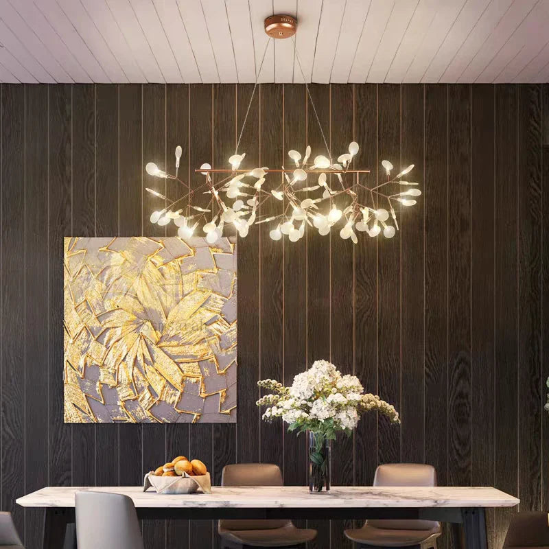 Afralia™ Modern Nordic Hanging Firefly Chandelier - Rose Gold and Black Branch Design