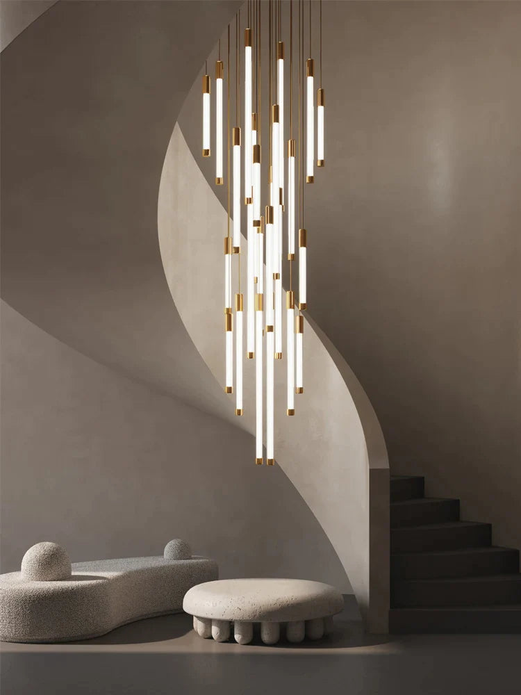 Afralia™ Golden Tube Chandelier: Modern Designer LED Staircase Light for Nordic Loft Apartment