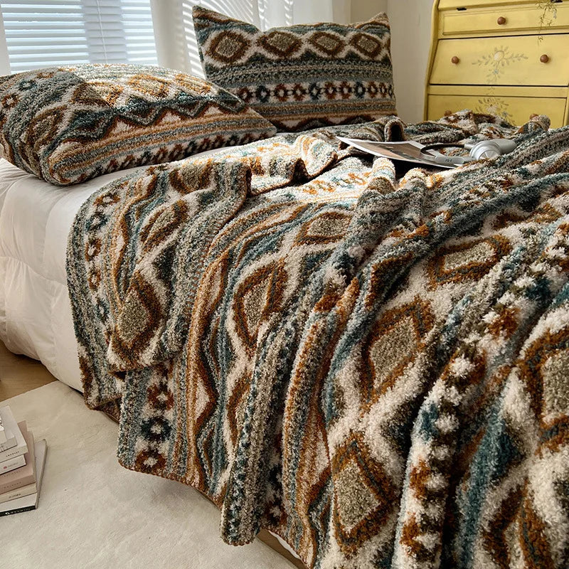 Afralia™ Geometric Printed Half Fleece Sofa Cover: Luxe Bohemian Shawl Blanket for Office Nap