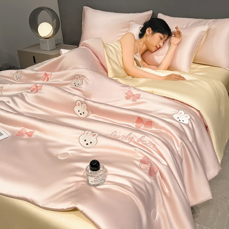 Afralia™ Washed Silk Embroidered Quilt Set Queen, Cooling Summer Blanket