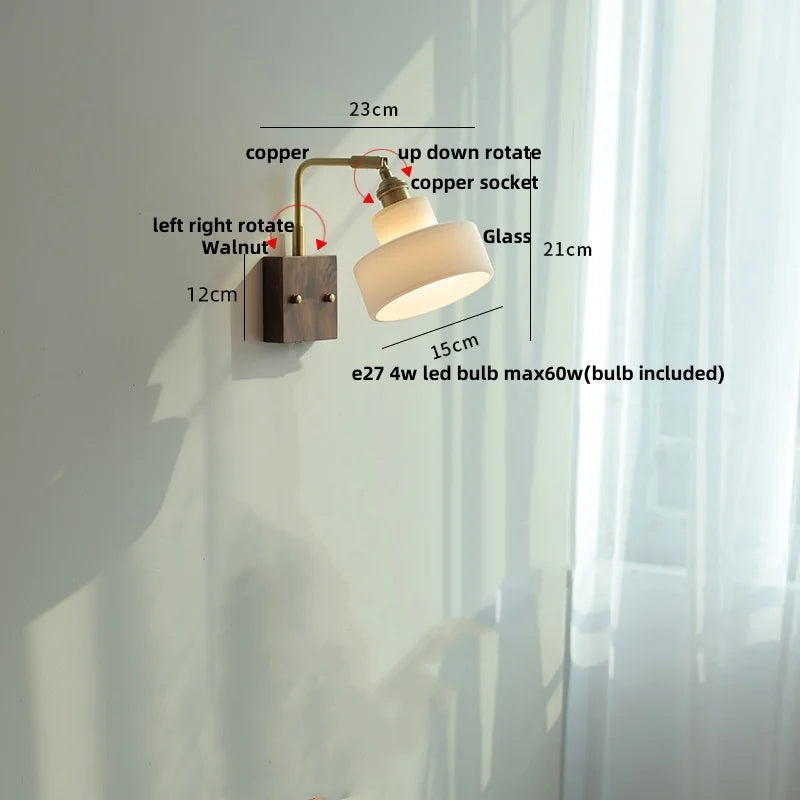 Afralia™ White Glass LED Wall Light Fixture Walnut Wood Brass Pull Chain Switch