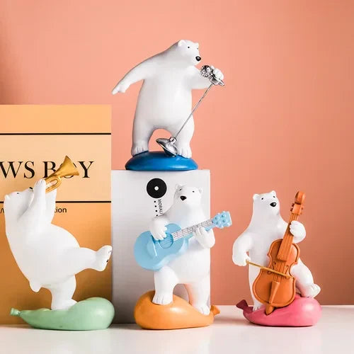 Afralia™ Polar Bears Music Band Figurines Desk Decor Resin Sculpture - Lovely Animal Musicians