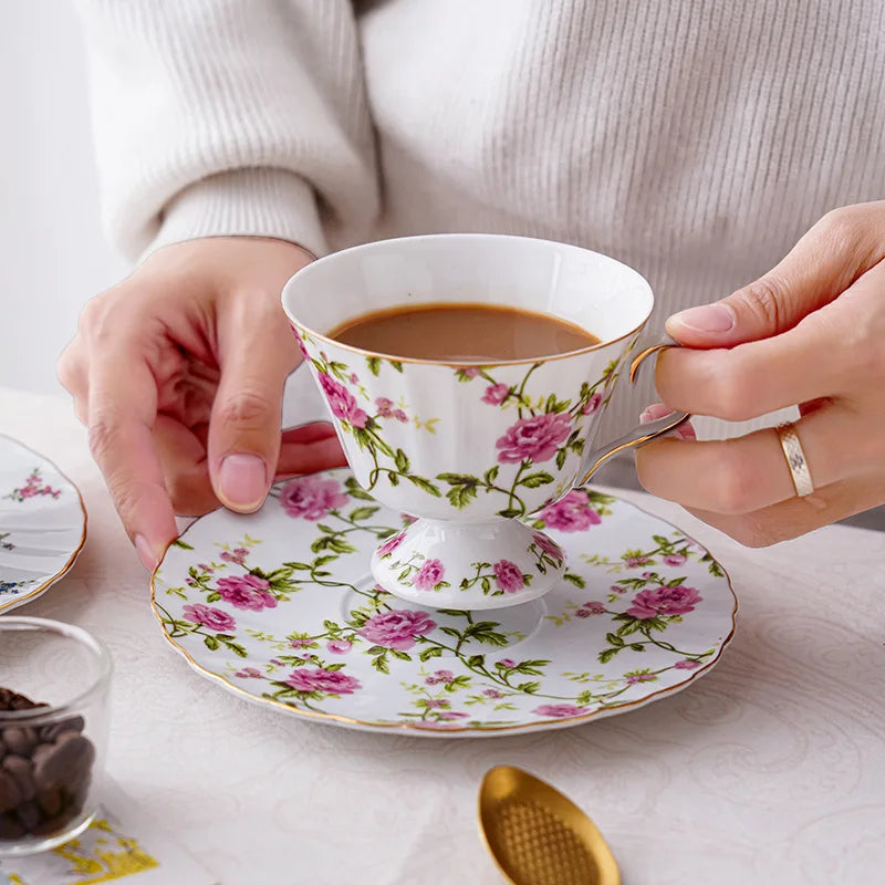 Afralia™ Floral Ceramic Cup & Saucer Set, Elegant Tea & Coffee Mug