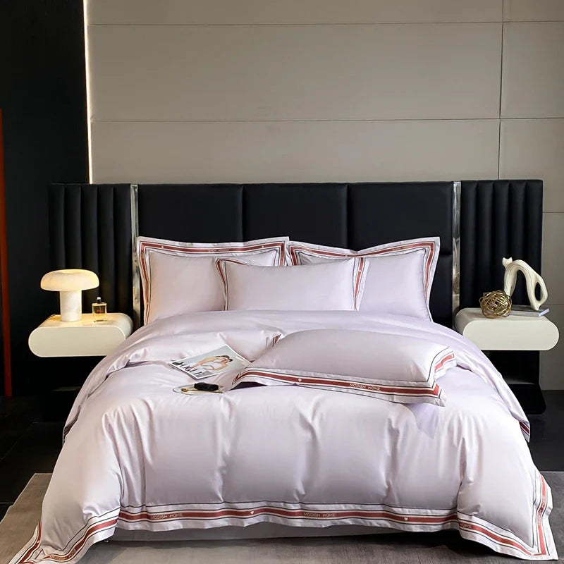 Afralia™ Solid Embroidery Bedding Set - King Queen Ru Size Bed Linens Comforter Cover Set