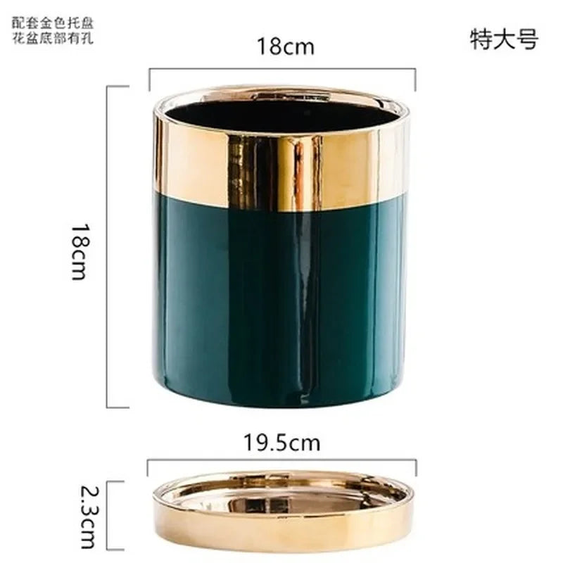 Afralia™ Luxury Emerald Ceramic Flowerpot with Gilded Border for Home and Office Decor