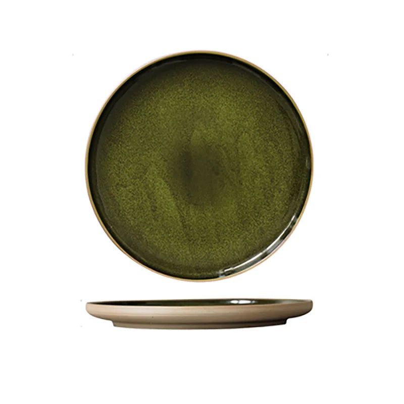 Afralia™ Green Ceramic Dinner Plate - Retro Shallow Pasta Plate, Salad Sushi Plate, Steak Plate - Set of 4