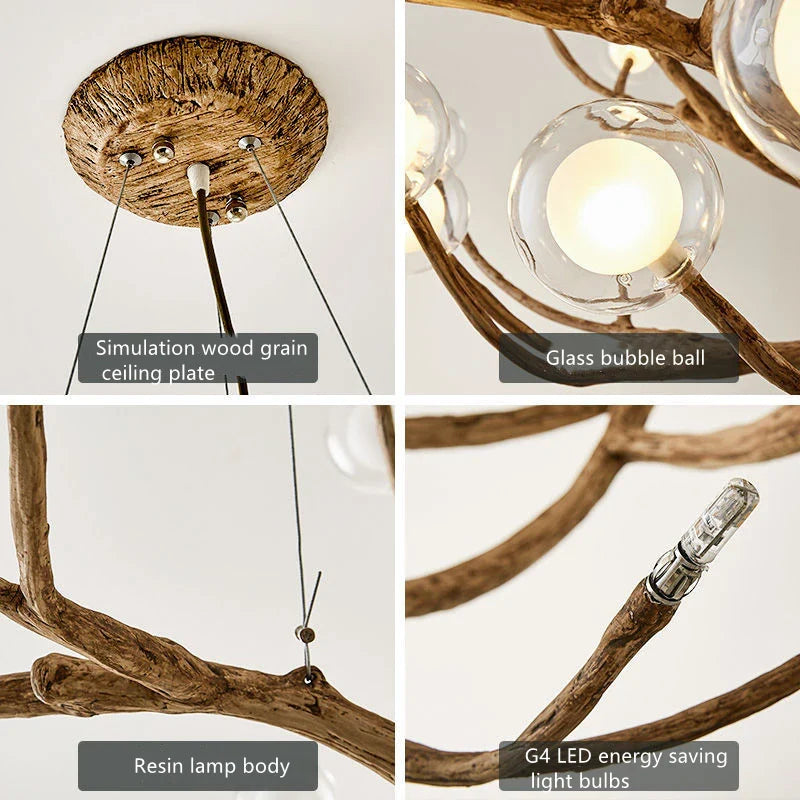 Resin Tree Branch Chandelier G4 Bubble Pendant Light by Afralia™ - Retro Glass Hanging Lamp