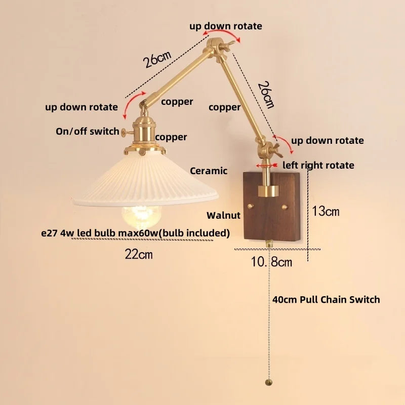 Afralia™ Wood Rotatable 2-Arm LED Wall Sconce with Pull Chain Switch