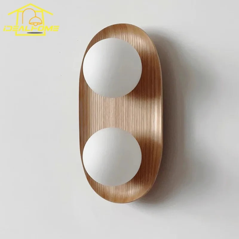 Afralia™ Round Glass LED Wall Lamp Double Head Solid Wood Minimalist Designer