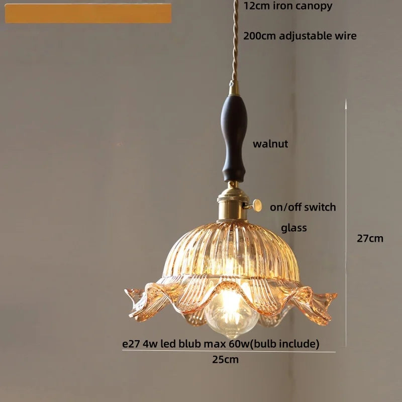 Afralia™ Nordic LED Flower Glass Pendant Light Fixture with Walnut Wood - Amber Glass