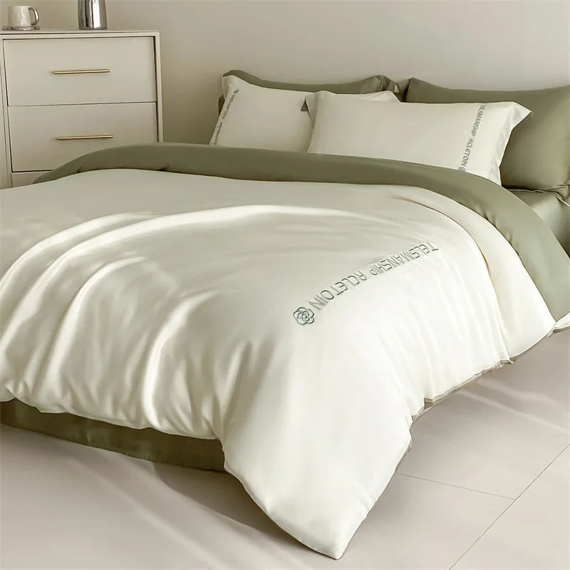 Afralia™ Cotton Solid Color Bedding Set, Premium Quality Embroidery Quilt Cover, Single Bed.