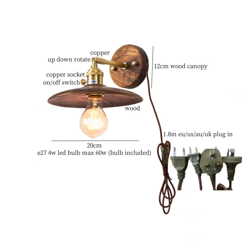 Afralia™ Nordic Wood LED Wall Lamp Pull Chain Switch for Home Decor & Lighting