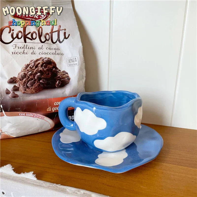 Afralia™ Handmade Blue Sky Coffee Mug with Saucer Set