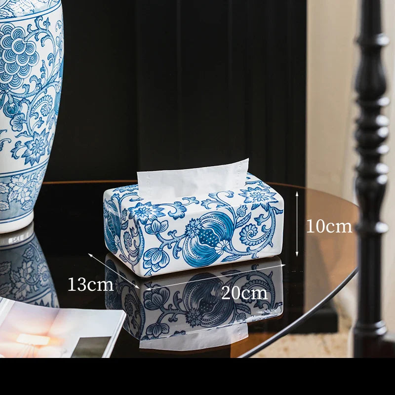 Afralia Blue White Porcelain Tissue Box Ceramic Paper Towel Holder Vintage Home Decor