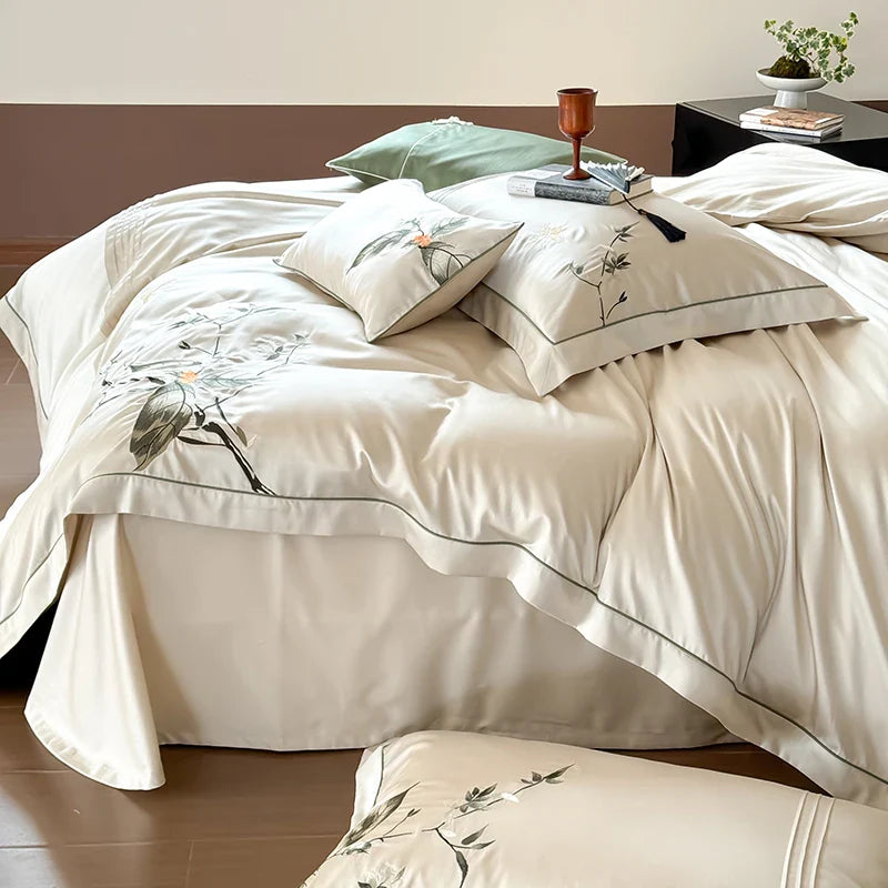 Afralia™ Deluxe Lyocell Cotton Embroidery Bedding Set - Soft, Silky, Breathable Luxury Bed Set