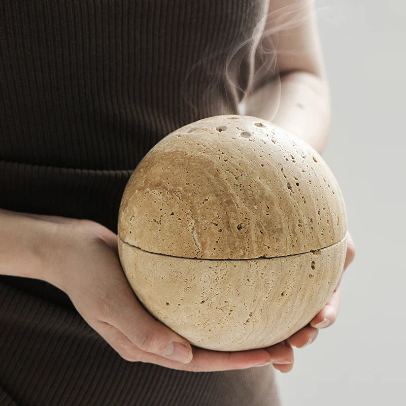 Afralia™ Beige Travertine Marble 9-Hole Sphere Incense Burner Burner Wood Plate Holder