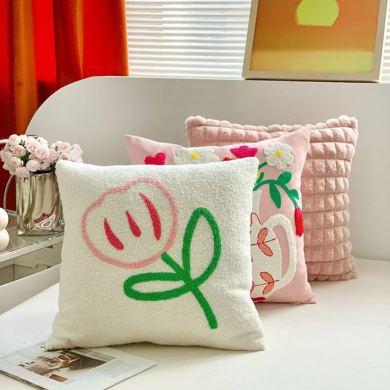 Afralia™ Pink Floral Embroidered Pillow Cases - 45x45cm