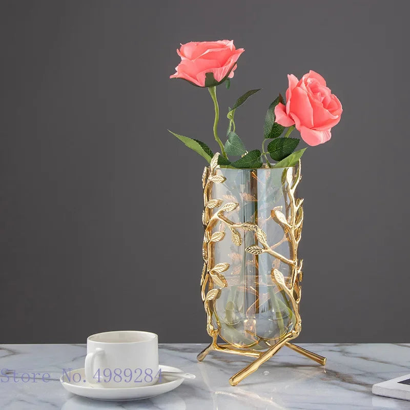 Afralia™ Gold Frame Glass Vase with Rattan Branches for Home Decor & Flower Arrangement