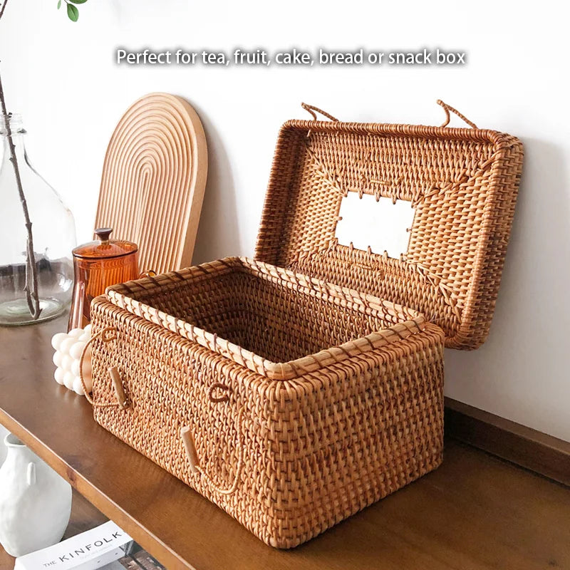 Afralia™ Handwoven Rattan Storage Box Tea Food Container with Handle