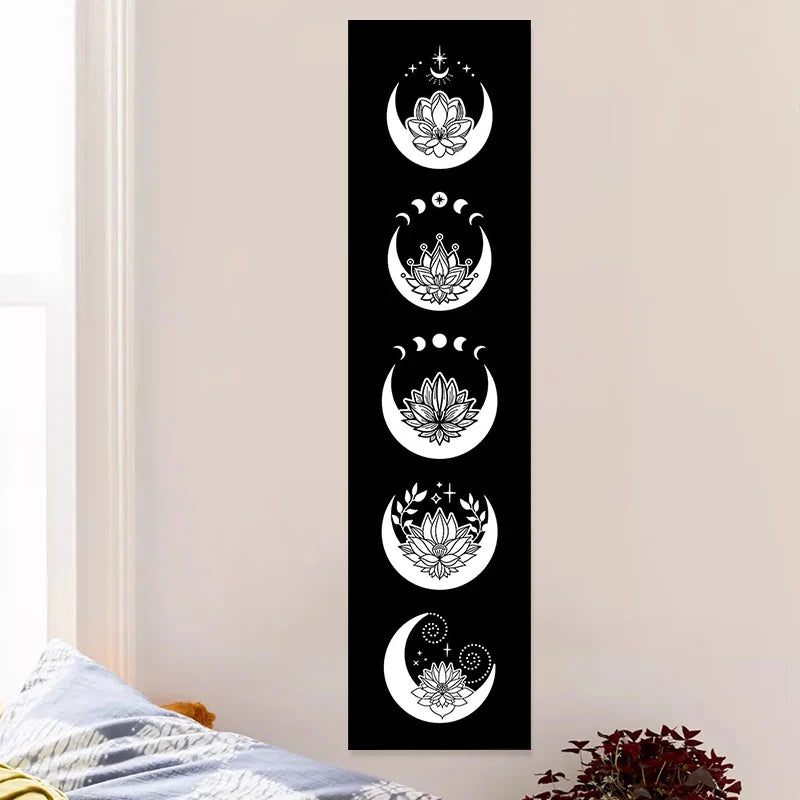 Flowers Moon Phase Tapestry Wall Art by Afralia™ - Black and White Home Decor