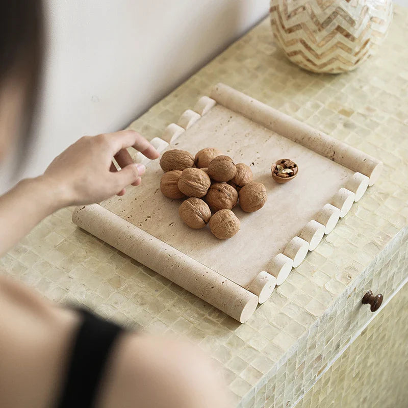 Afralia Beige Travertine Marble Serving Tray Vintage Natural Stone Plate