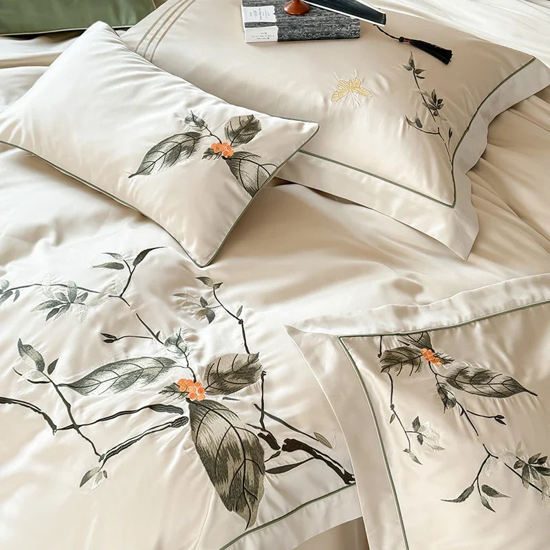 Afralia™ Deluxe Lyocell Cotton Embroidery Bedding Set - Soft, Silky, Breathable Luxury Bed Set