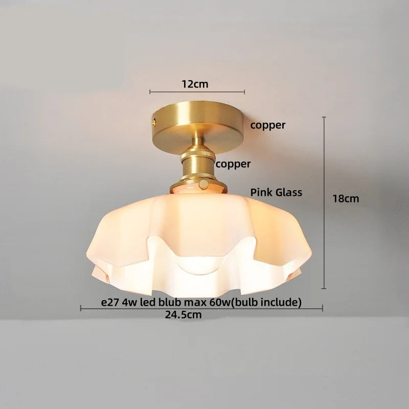 Afralia Wood Copper LED Ceiling Light Amber Glass Plafond Lamp