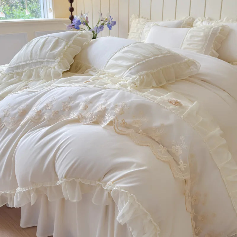 Afralia™ Lace Luxury Bed Skirt Set: Silky Solid Color Bedclothes Single Double Bedspread